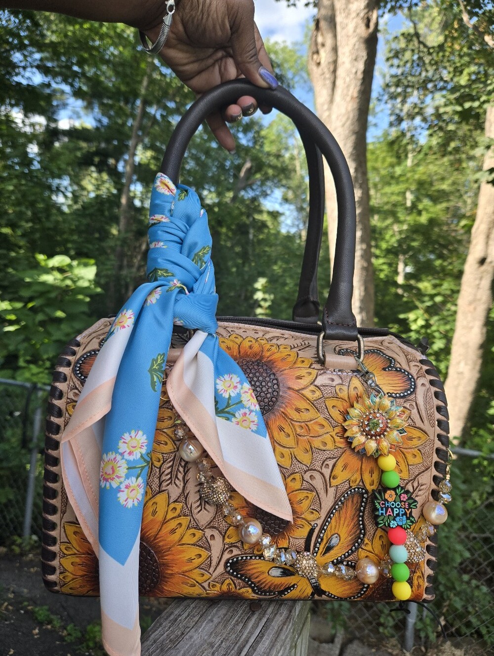 Genuine Leather Sunflower & Butterfly Handtooled Speedy Bag WITH ACESSORIES NWOT